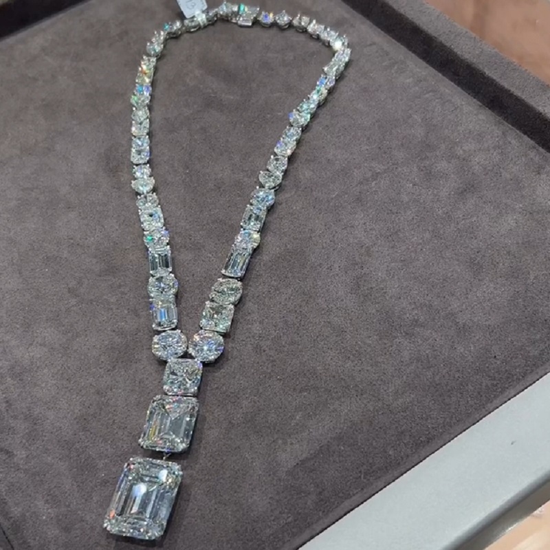 65.02 Carat Emerald  Cut White Sapphire Luxury Handmade Necklace