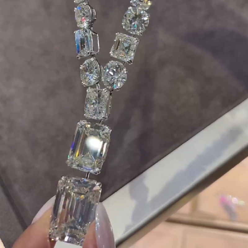 65.02 Carat Emerald  Cut White Sapphire Luxury Handmade Necklace