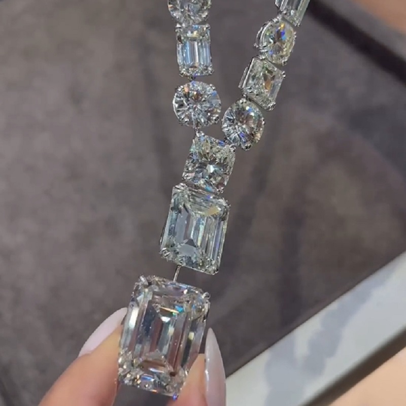 65.02 Carat Emerald  Cut White Sapphire Luxury Handmade Necklace