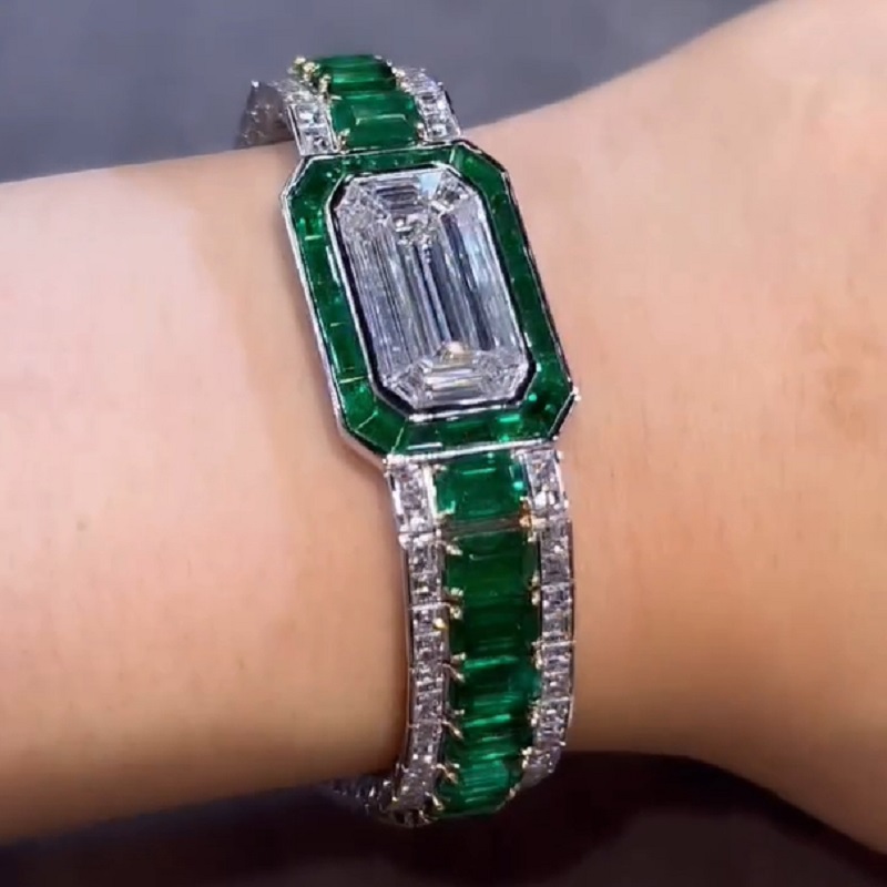 37 Carat Emerald Simulated Diamond/Green Emerald Band Bracelet 14k White Gold Over