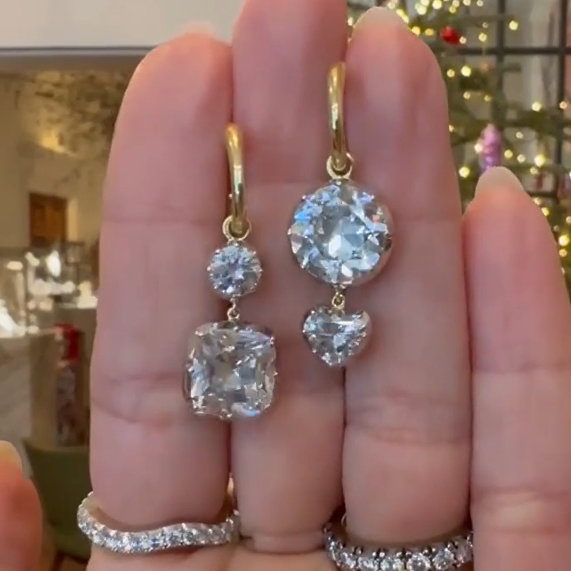 4.13 Carat Exquisite Round&Asscher Cut White Sapphire Drop Earrings