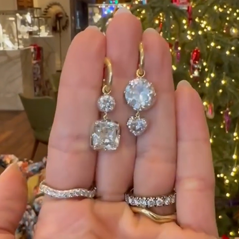 4.13 Carat Exquisite Round&Asscher Cut White Sapphire Drop Earrings