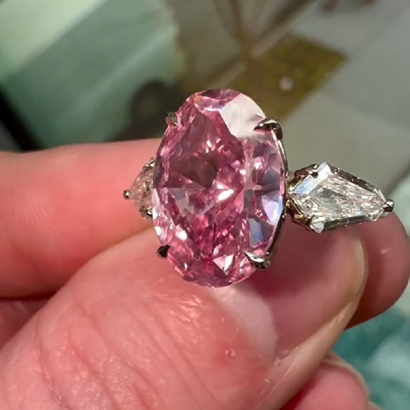 6.21 Carats Oval Cut Fancy Pink Natural Diamond Three Stone Ring