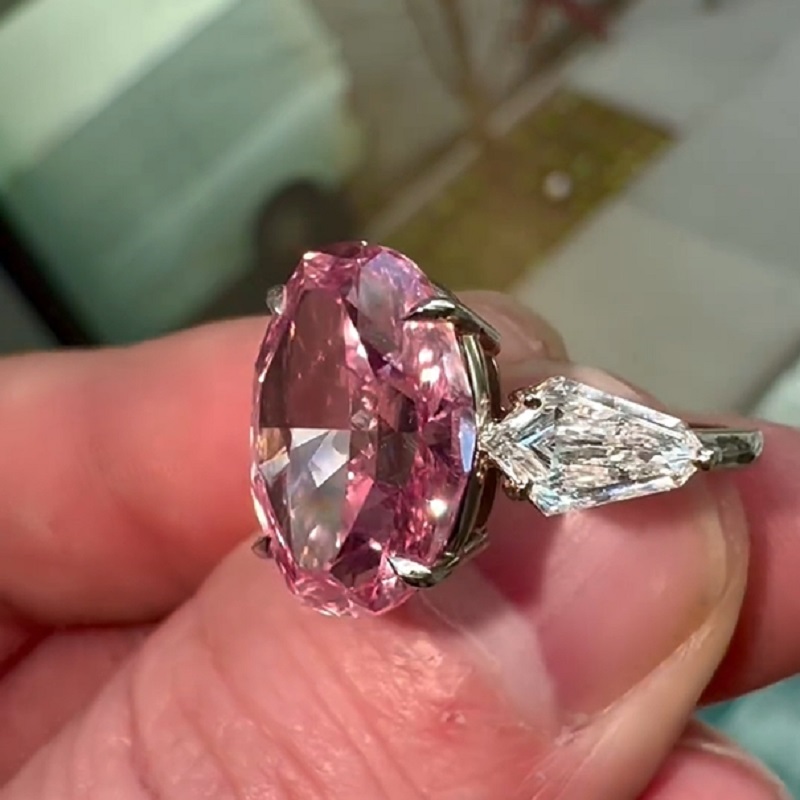 6.21 Carats Oval Cut Fancy Pink Natural Diamond Three Stone Ring