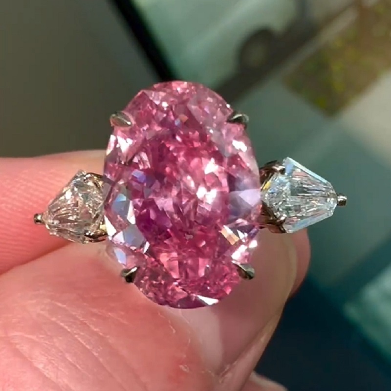 6.21 Carats Oval Cut Fancy Pink Natural Diamond Three Stone Ring
