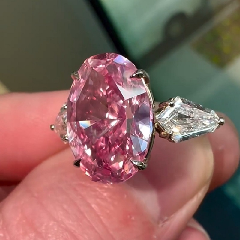 6.21 Carats Oval Cut Fancy Pink Natural Diamond Three Stone Ring