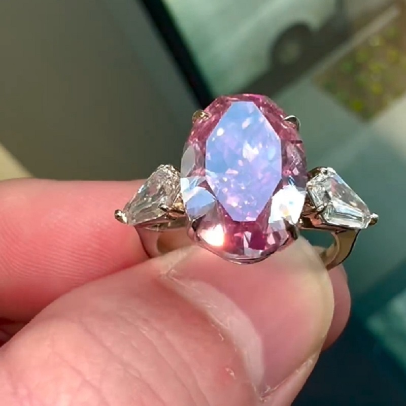 6.21 Carats Oval Cut Fancy Pink Natural Diamond Three Stone Ring
