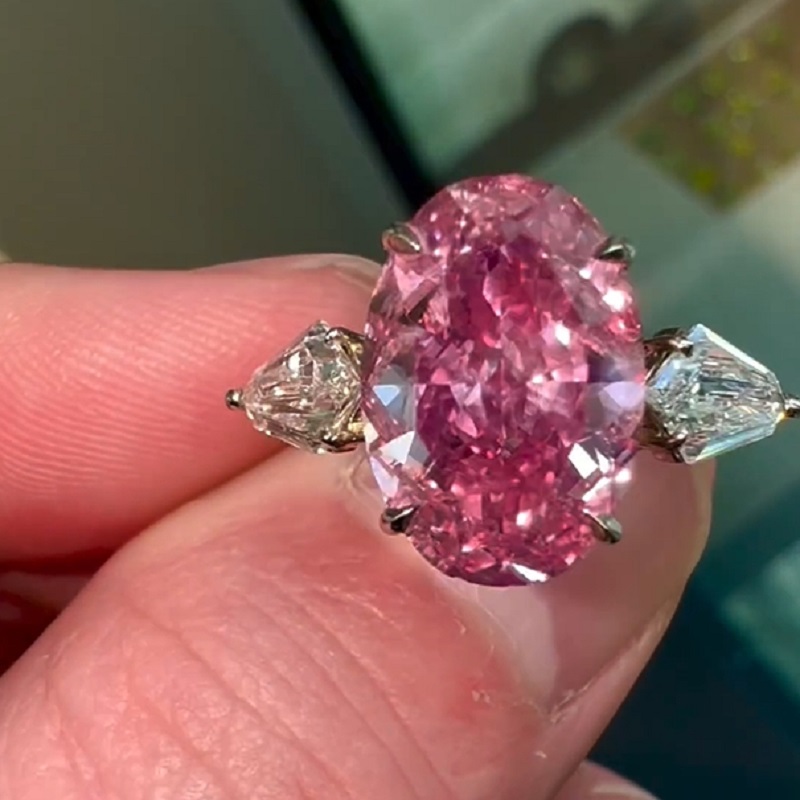 6.21 Carats Oval Cut Fancy Pink Natural Diamond Three Stone Ring