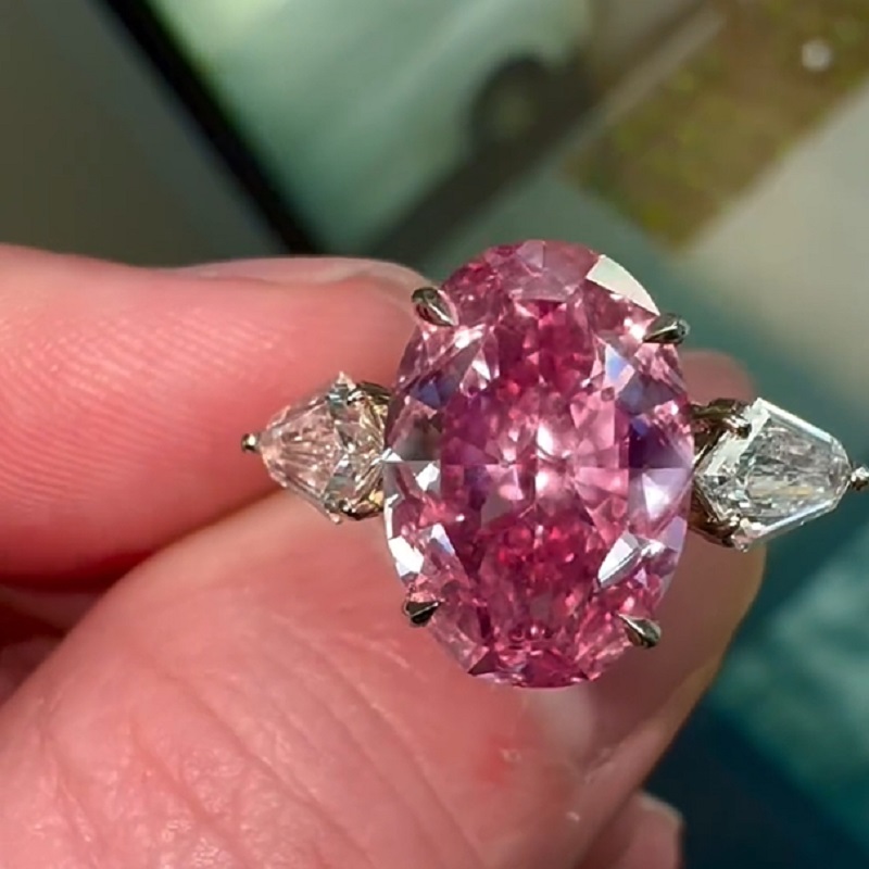 6.21 Carats Oval Cut Fancy Pink Natural Diamond Three Stone Ring