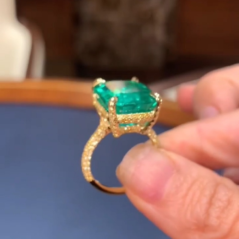 13.67 Carats Emerald Cut  “Old Mine” Green Hue Diamond Engagement Ring