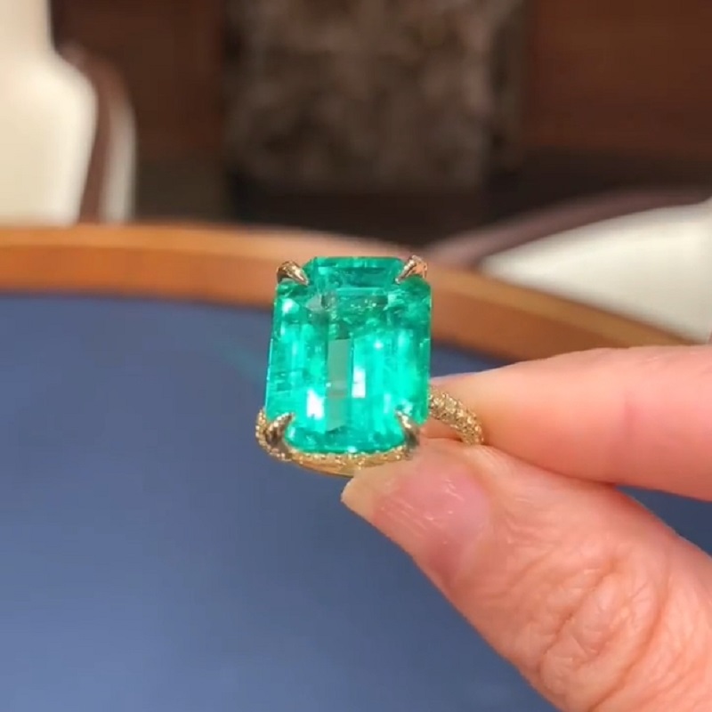 13.67 Carats Emerald Cut  “Old Mine” Green Hue Diamond Engagement Ring