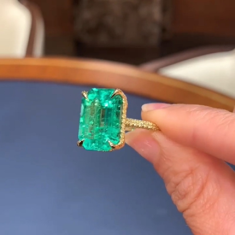 13.67 Carats Emerald Cut  “Old Mine” Green Hue Diamond Engagement Ring