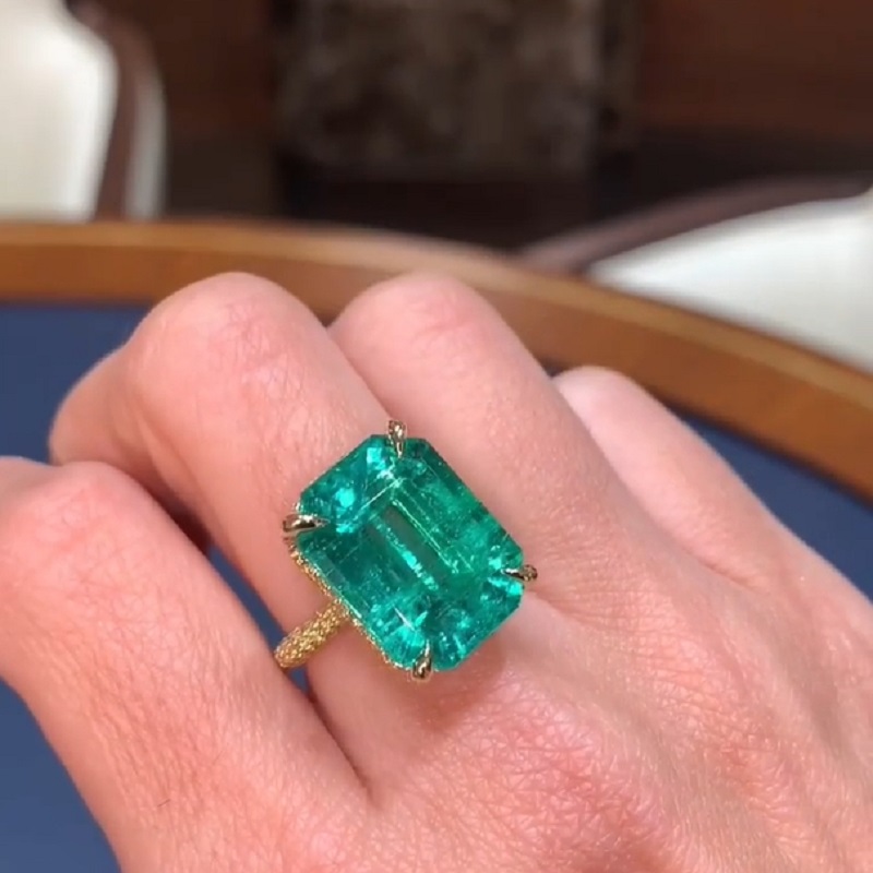 13.67 Carats Emerald Cut  “Old Mine” Green Hue Diamond Engagement Ring