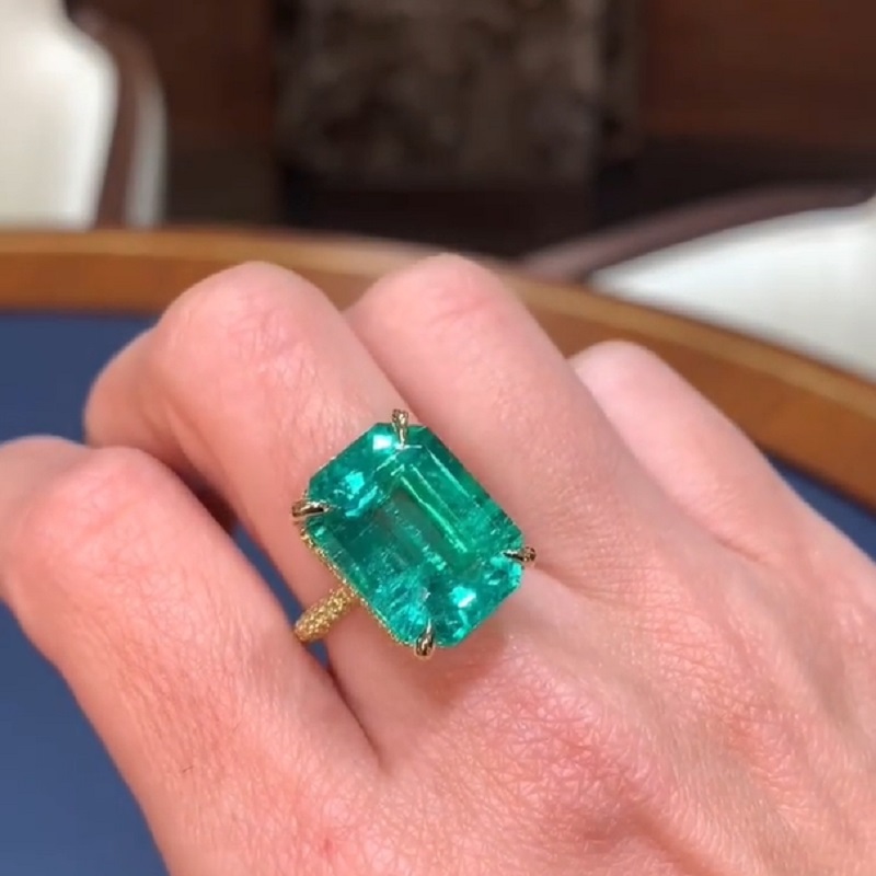 13.67 Carats Emerald Cut  “Old Mine” Green Hue Diamond Engagement Ring