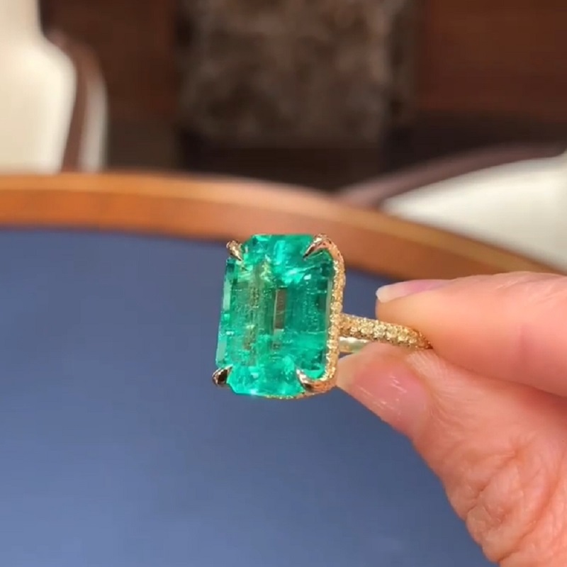 13.67 Carats Emerald Cut  “Old Mine” Green Hue Diamond Engagement Ring