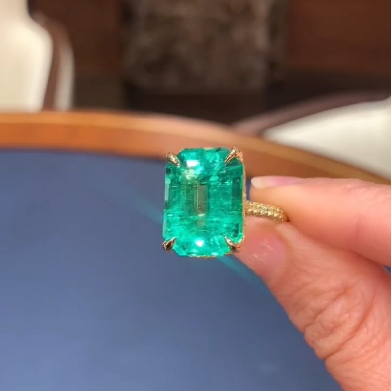 13.67 Carats Emerald Cut  “Old Mine” Green Hue Diamond Engagement Ring