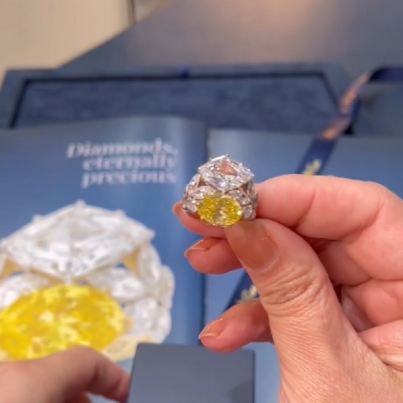 6.99 Carats Yellow And White Color Symmetry Double Stone Diamonds Ring