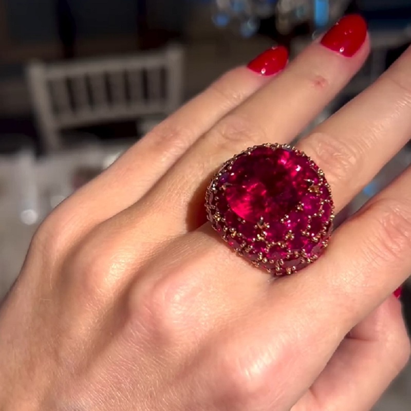 25.86 Carats Cushion Cut Rubellite Hanging Out With Pink Spinels Cocktail Ring