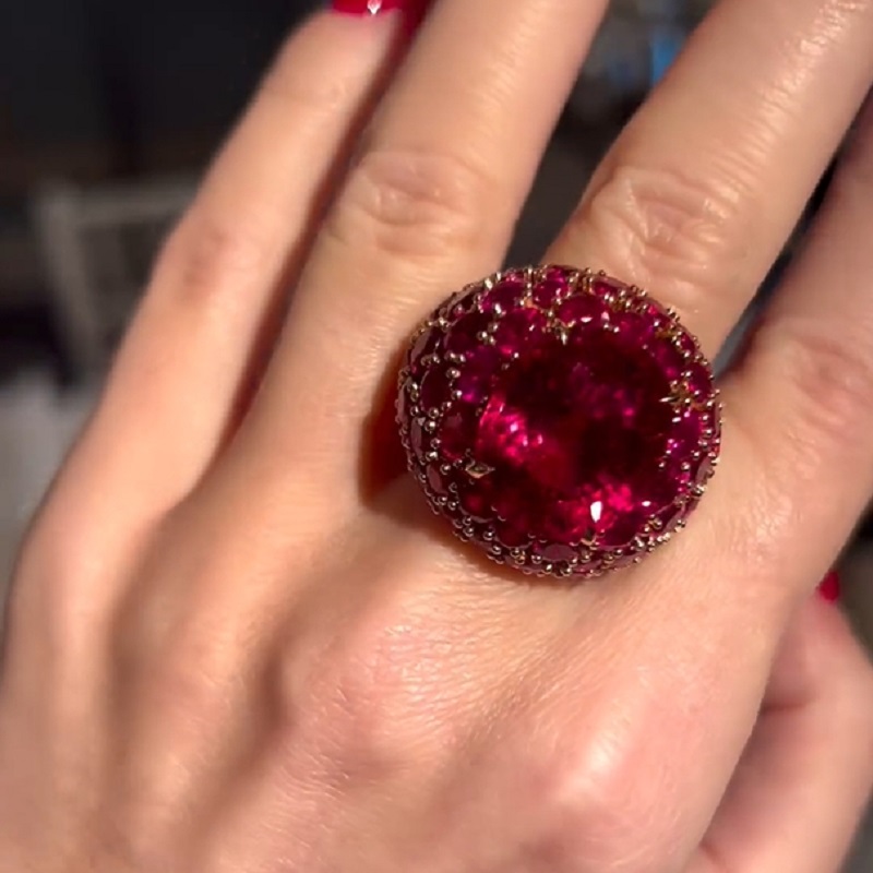 25.86 Carats Cushion Cut Rubellite Hanging Out With Pink Spinels Cocktail Ring