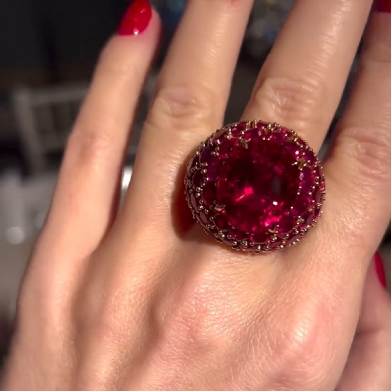 25.86 Carats Cushion Cut Rubellite Hanging Out With Pink Spinels Cocktail Ring