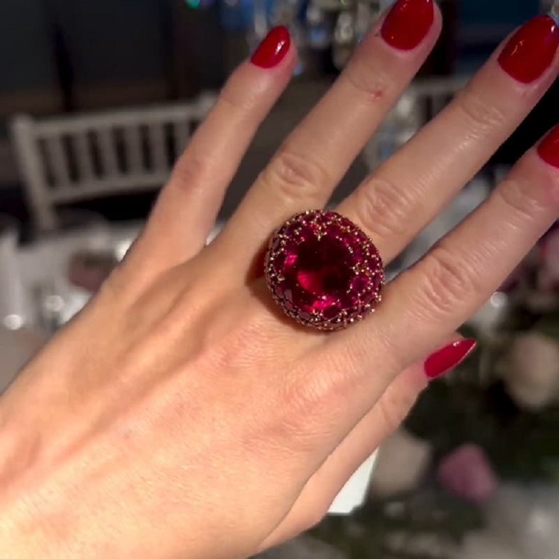25.86 Carats Cushion Cut Rubellite Hanging Out With Pink Spinels Cocktail Ring