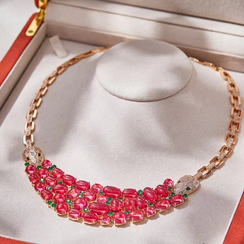 75 Carats Women Lady Inlay Cubic Zircon Red Beads Double Snake Pendant Rose Gold Color Chain