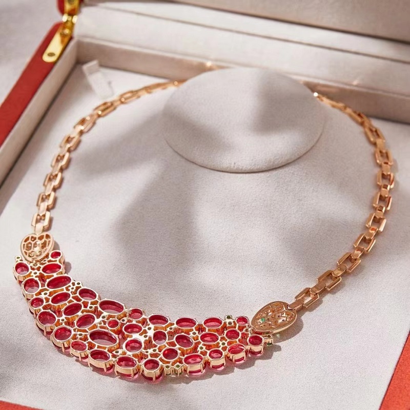 75 Carats Women Lady Inlay Cubic Zircon Red Beads Double Snake Pendant Rose Gold Color Chain