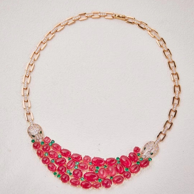 75 Carats Women Lady Inlay Cubic Zircon Red Beads Double Snake Pendant Rose Gold Color Chain