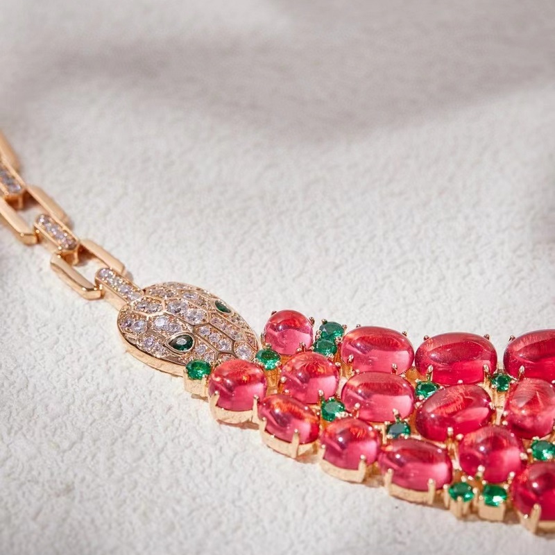 75 Carats Women Lady Inlay Cubic Zircon Red Beads Double Snake Pendant Rose Gold Color Chain