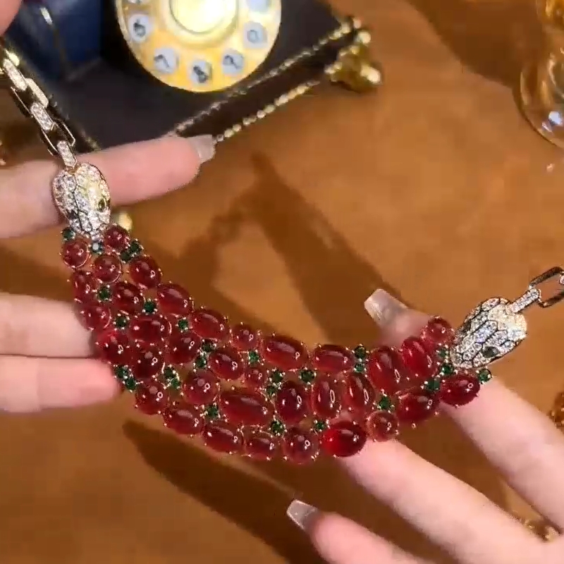 75 Carats Women Lady Inlay Cubic Zircon Red Beads Double Snake Pendant Rose Gold Color Chain