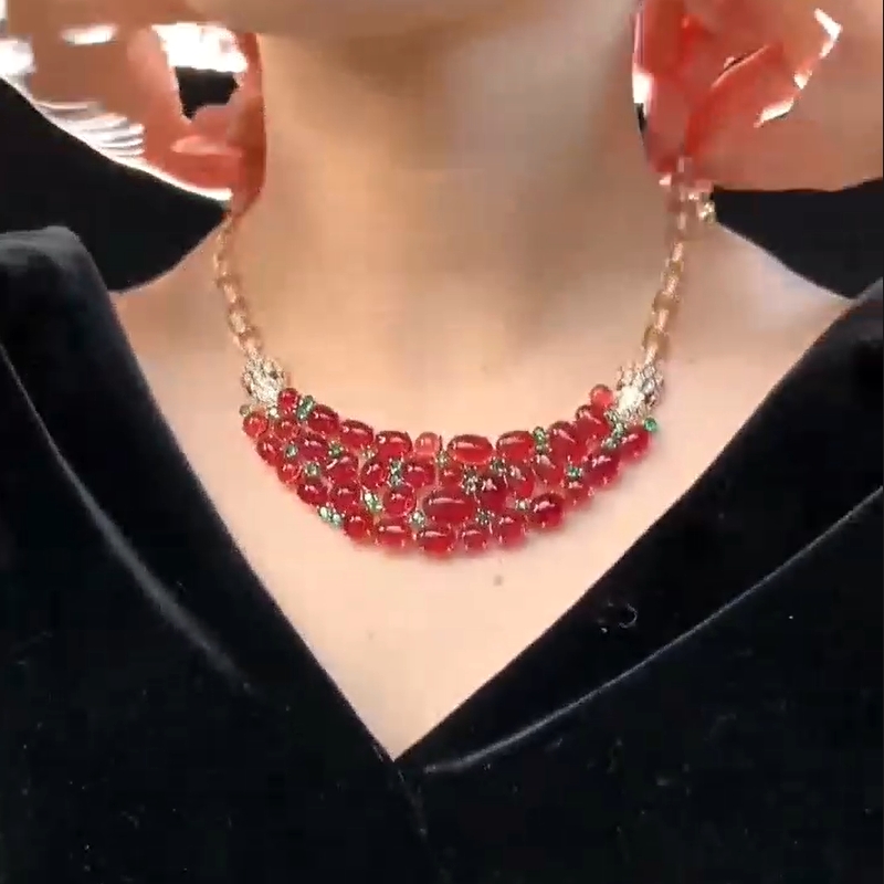 75 Carats Women Lady Inlay Cubic Zircon Red Beads Double Snake Pendant Rose Gold Color Chain