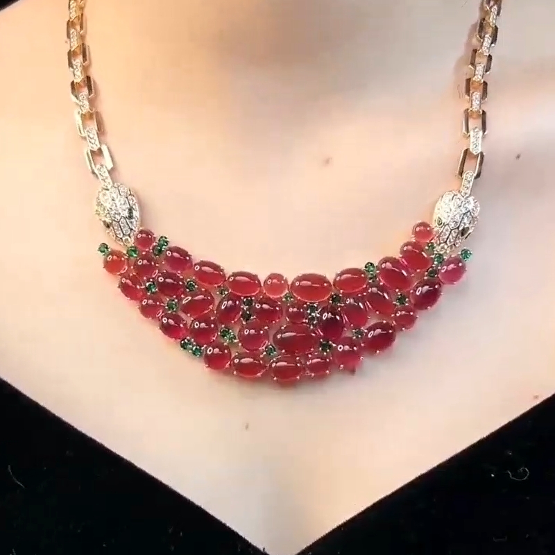 75 Carats Women Lady Inlay Cubic Zircon Red Beads Double Snake Pendant Rose Gold Color Chain