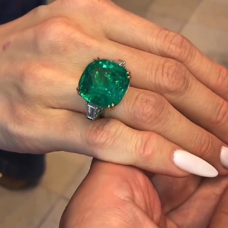 21.0 Carats Cushion Cut Emerald & Diamond Three-Stone Halo Ring