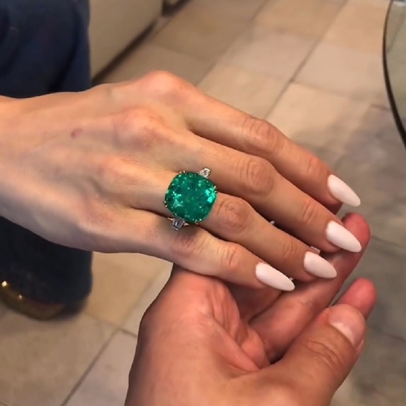 21.0 Carats Cushion Cut Emerald & Diamond Three-Stone Halo Ring