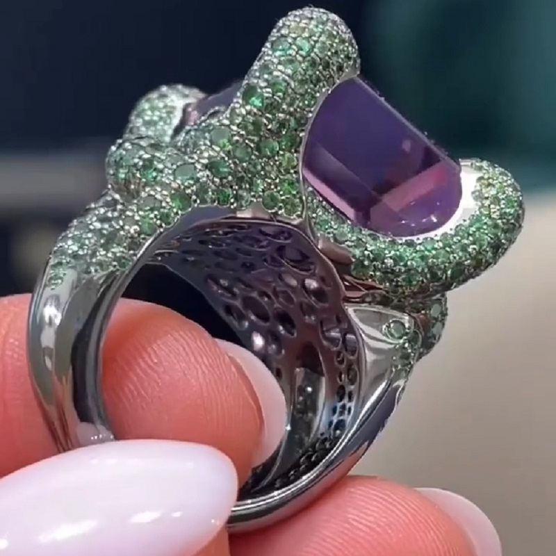 27.38 Carats Emerald Cut Amethyst Ruby New Age Ring