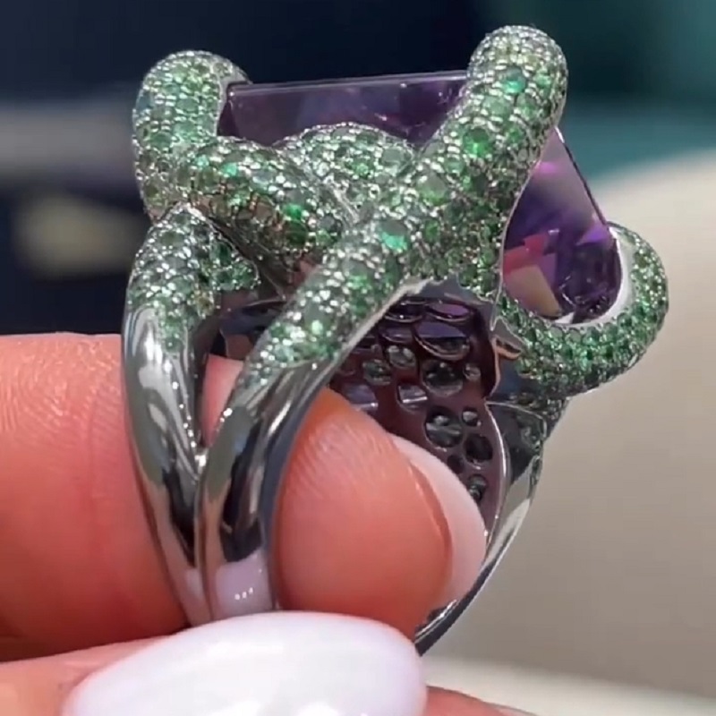 27.38 Carats Emerald Cut Amethyst Ruby New Age Ring