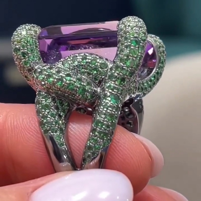 27.38 Carats Emerald Cut Amethyst Ruby New Age Ring