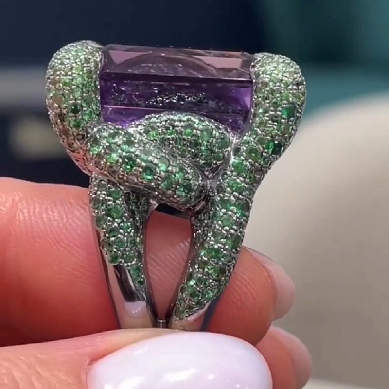 27.38 Carats Emerald Cut Amethyst Ruby New Age Ring