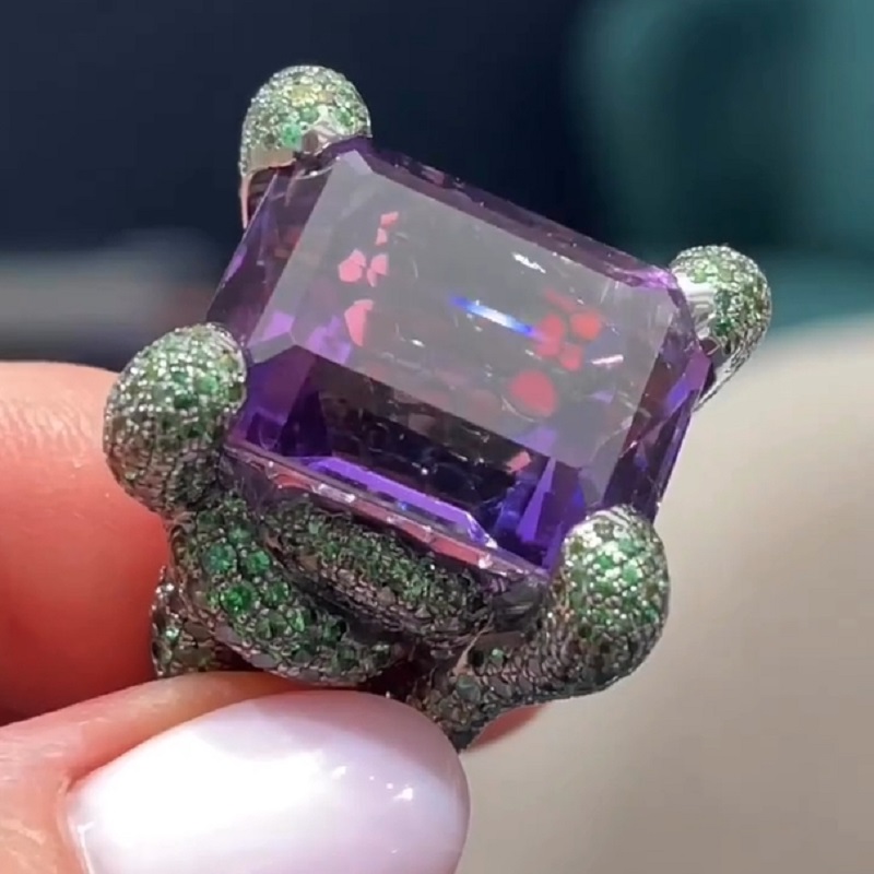 27.38 Carats Emerald Cut Amethyst Ruby New Age Ring