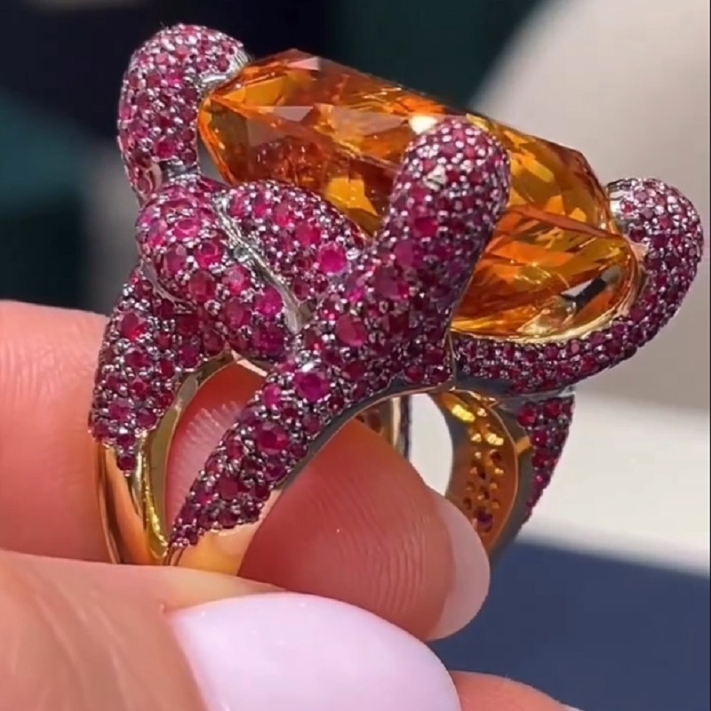 27.38 Carats Emerald Cut Amethyst Ruby New Age Ring