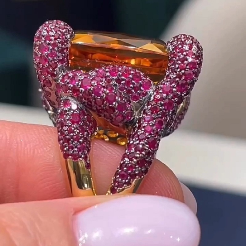 27.38 Carats Emerald Cut Amethyst Ruby New Age Ring