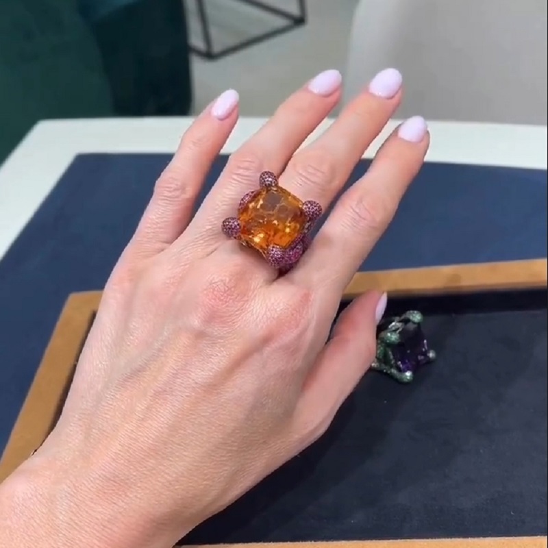 27.38 Carats Emerald Cut Amethyst Ruby New Age Ring