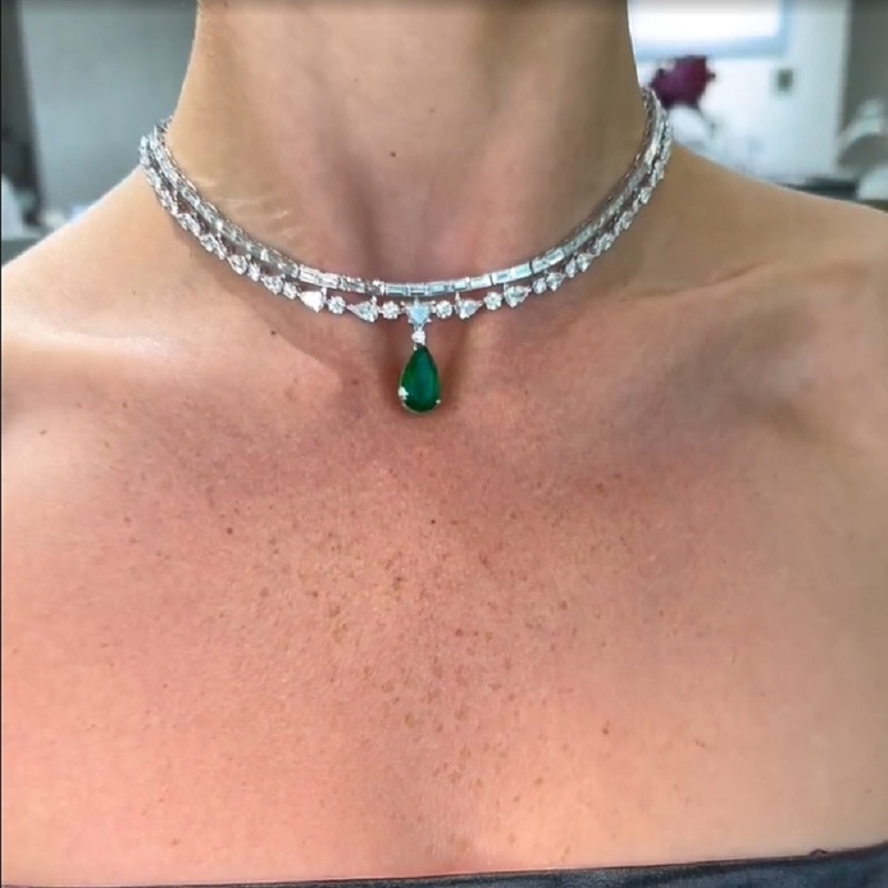9.0 Carats Pear Cut Emerald & Moissanite Tennis Necklace