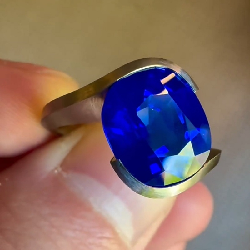 6.99 Carat Cushion Cut Blue Sapphire Engagement Ring