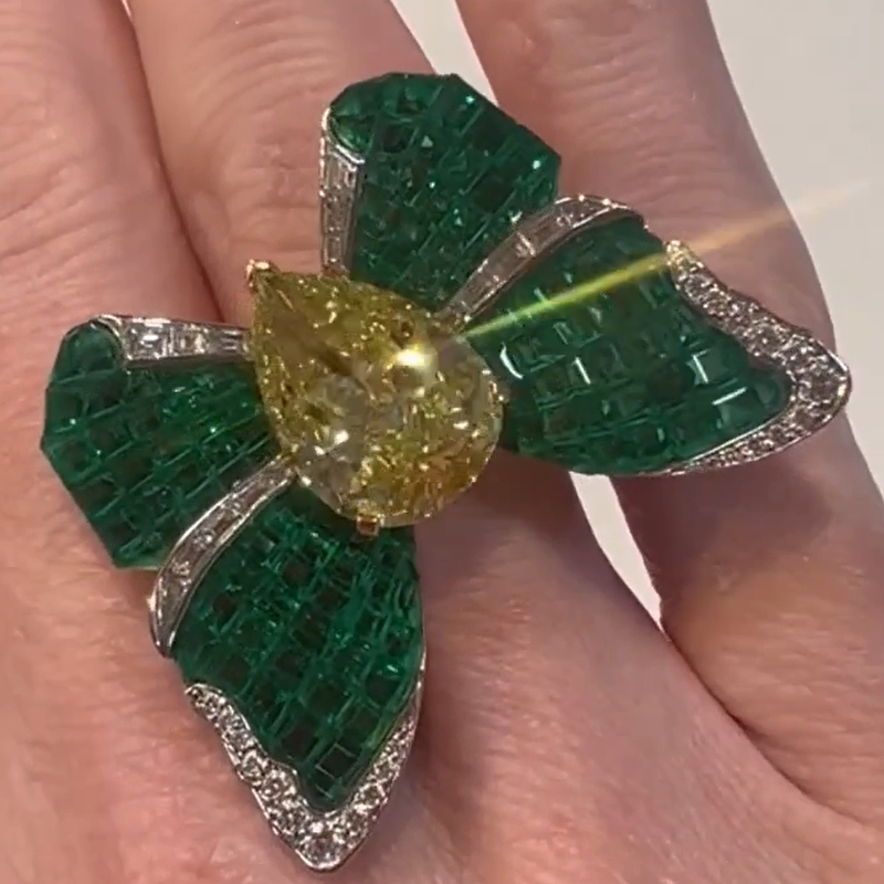 5.43 Carat Pear Cut Curved Wings Butterfly Ring