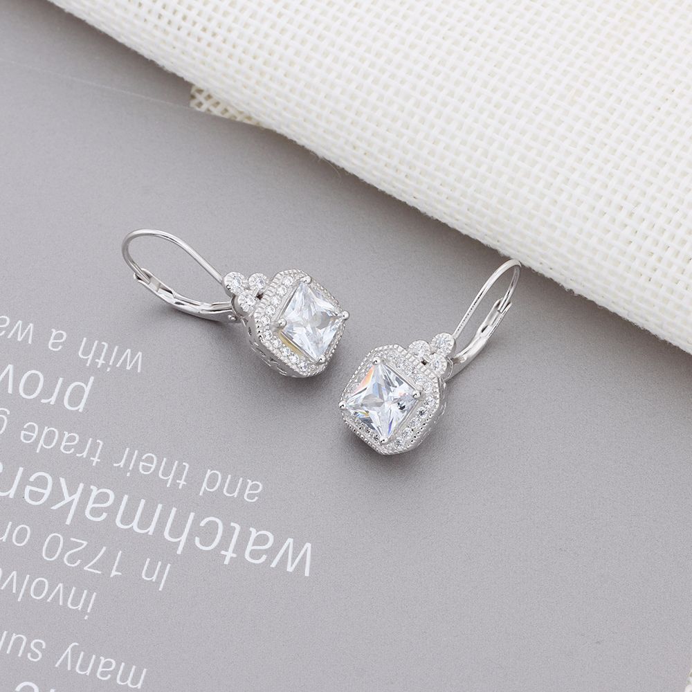Sterling Silver Classic Halo Round With Princess Cut Drop Earrings