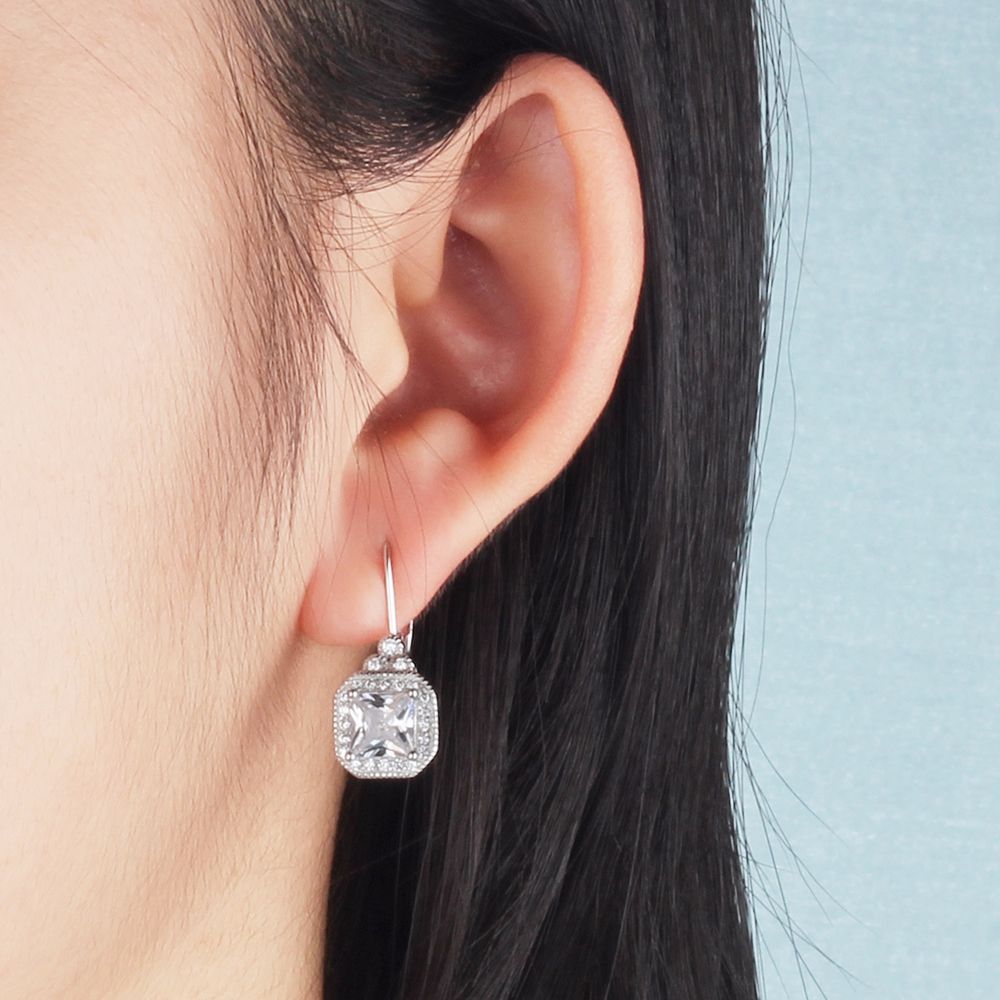 Sterling Silver Classic Halo Round With Princess Cut Drop Earrings