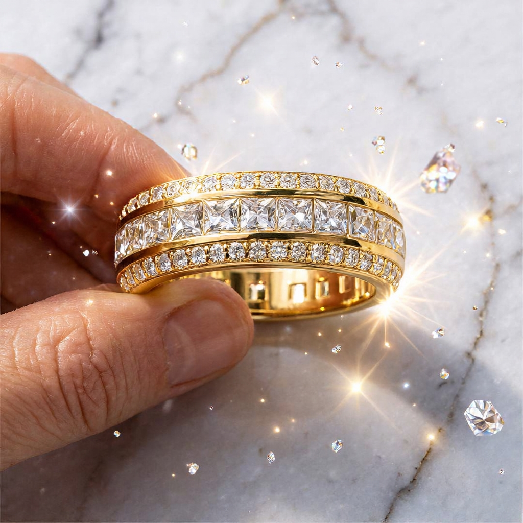 8mm Men’s Diamond Bevelled Edge Band  Channel Set Princess Cut White Stone In Gold Plating