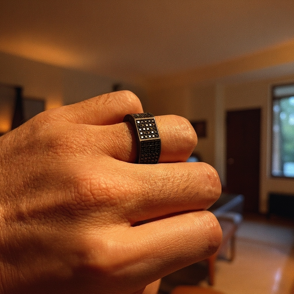 Men's Round Cut Black Stone Band Ring