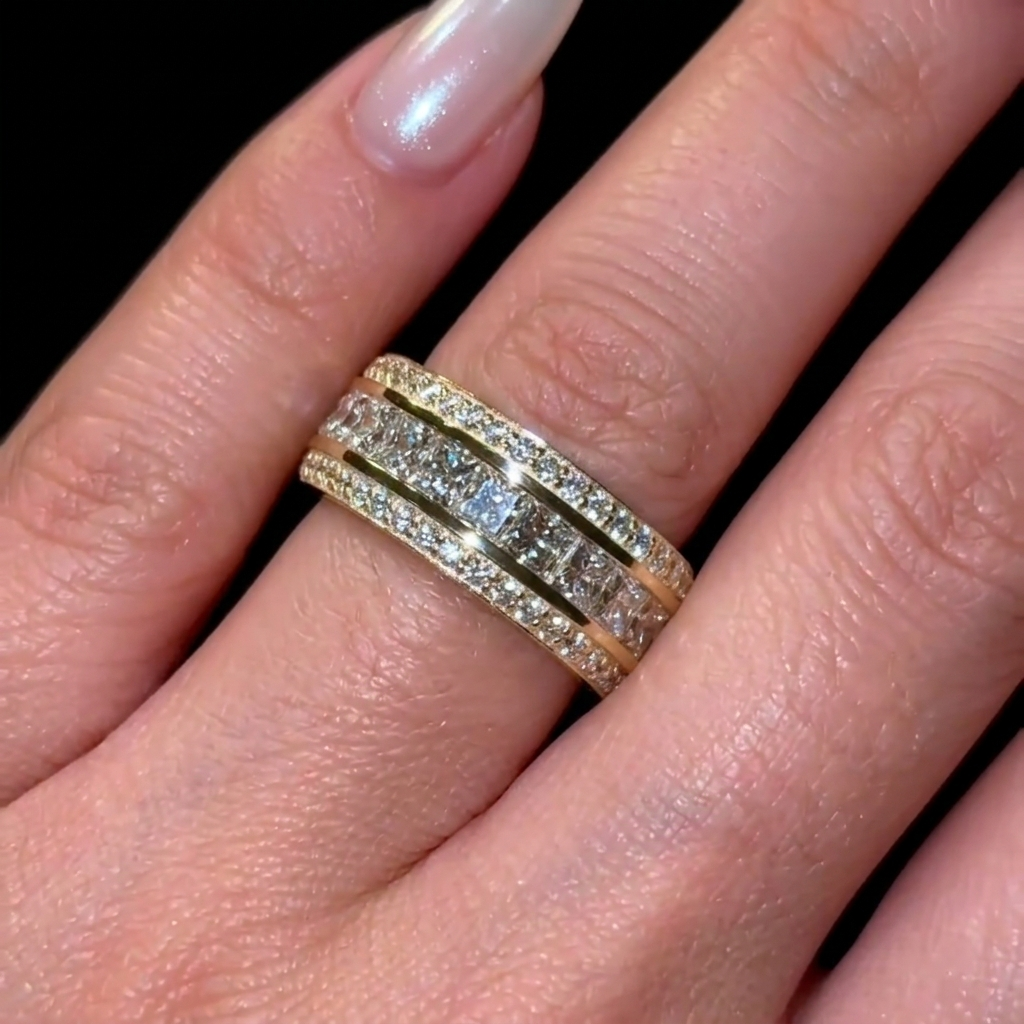 8mm Men’s Diamond Bevelled Edge Band  Channel Set Princess Cut White Stone In Gold Plating